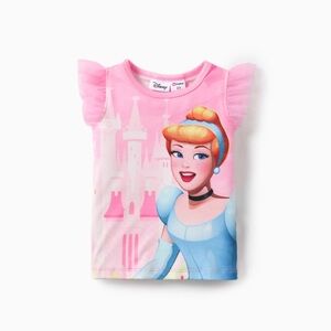 Disney Princess Toddler Girl Character Print with Ruffled Mesh Sleeve Pink Top